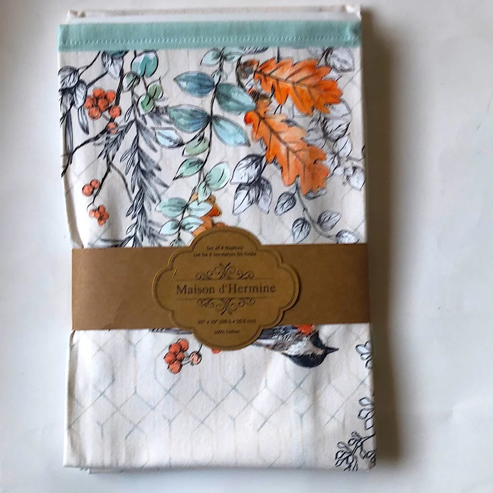 French Country Cotton Table Dinner Napkins Botanical SET (4) cream teal NEW